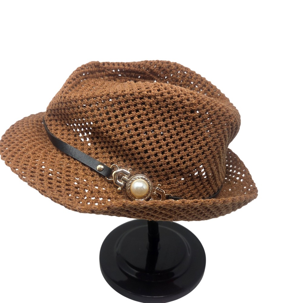 Fedora Hat Women OS Brown Woven Faux Pearl Band Summer Beach Boho 351